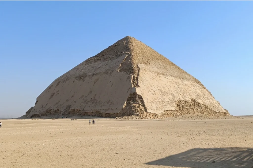BENT PYRAMID Full view of the Bent Pyramid showing its unique change in outer slope angle and remaining polished limestone casing near the top.