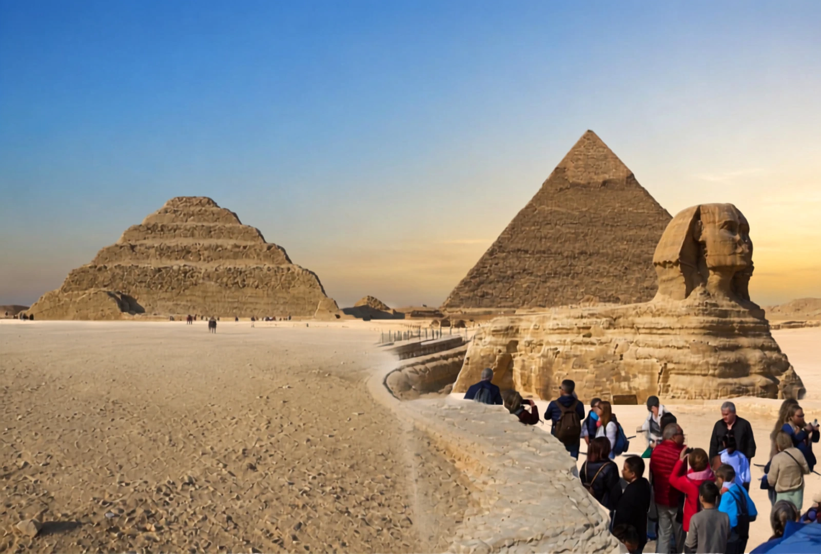 A wide shot capturing the majestic Saqqara Pyramid, Great Sphinx and the Pyramids of Giza in Egypt, taken on a sunny day.