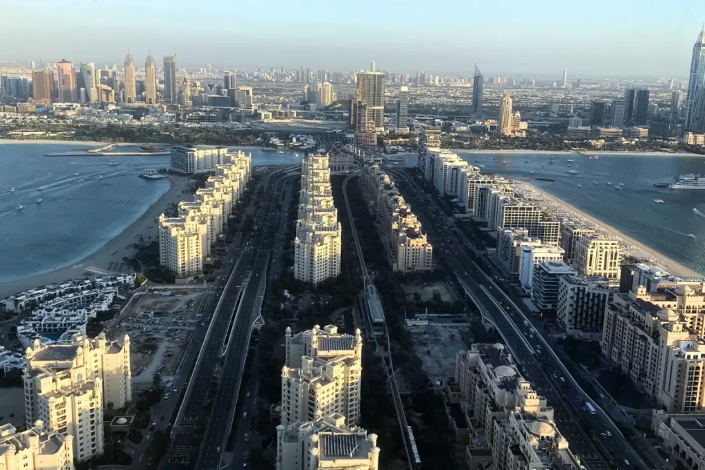 Dubai- Palm 3 High-angle view of Palm Jumeirah and Dubai’s coastline.