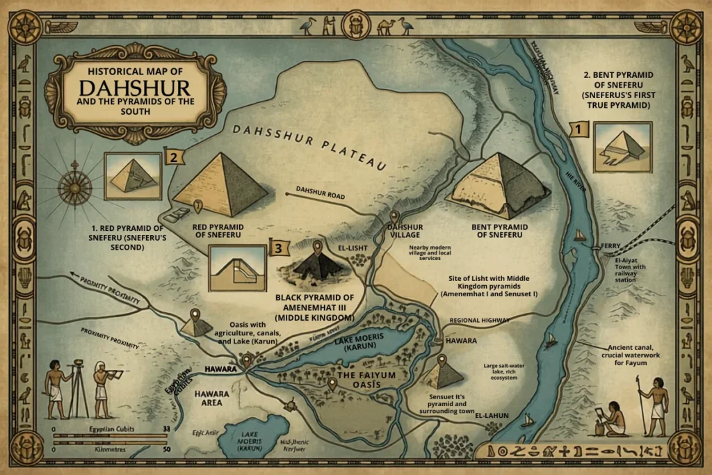 EGYYTP- MAP An illustrated historical map showing the Dahshur Plateau, key pyramid sites including the Red and Bent Pyramids, nearby villages, routes, and decorative Egyptian-style artwork.