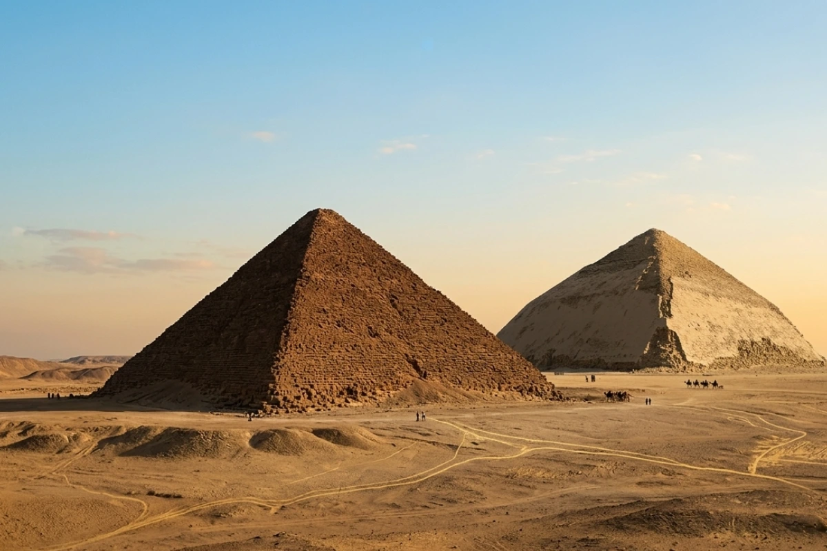 View of the Bent Pyramid and Red Pyramid side by side.