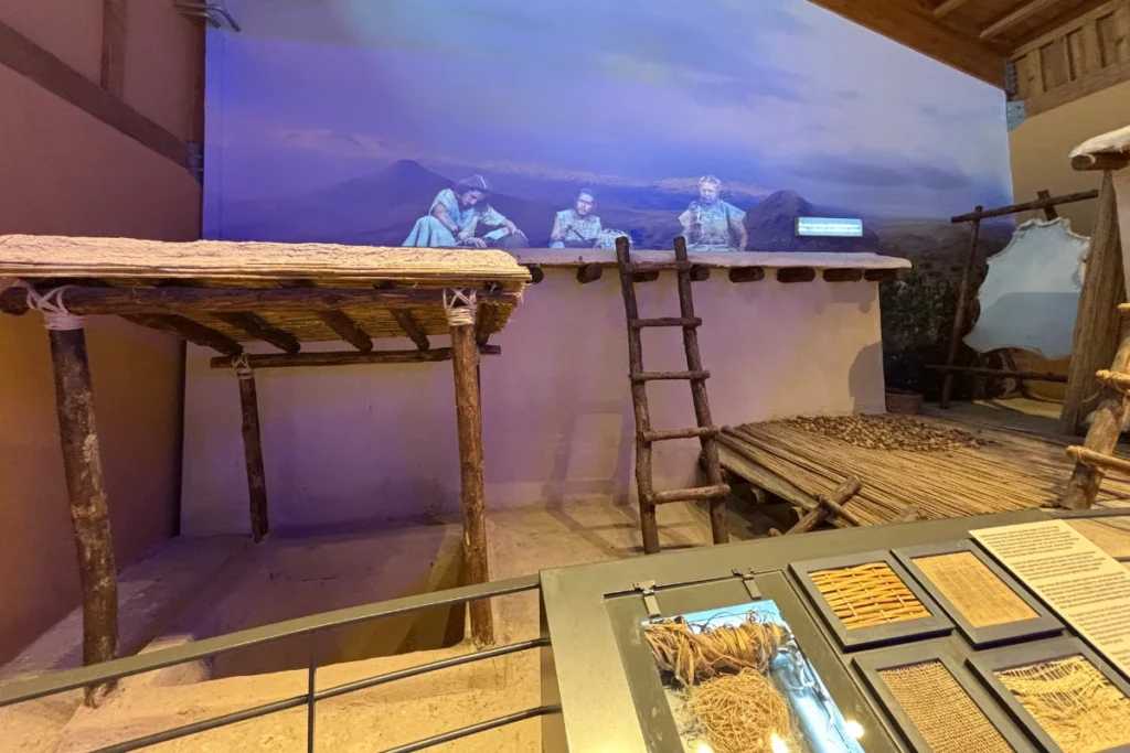 CatalHoyuk 10 Diorama model illustrating daily life inside a Çatalhöyük mud-brick house with rooftop entry and ladders.