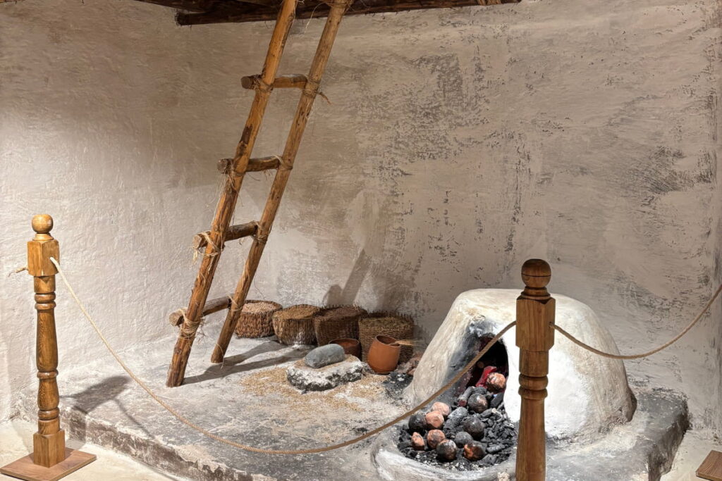 CatalHoyuk 12 Indoor museum replica of a prehistoric home featuring sleeping platforms, central hearth, and storage bins.