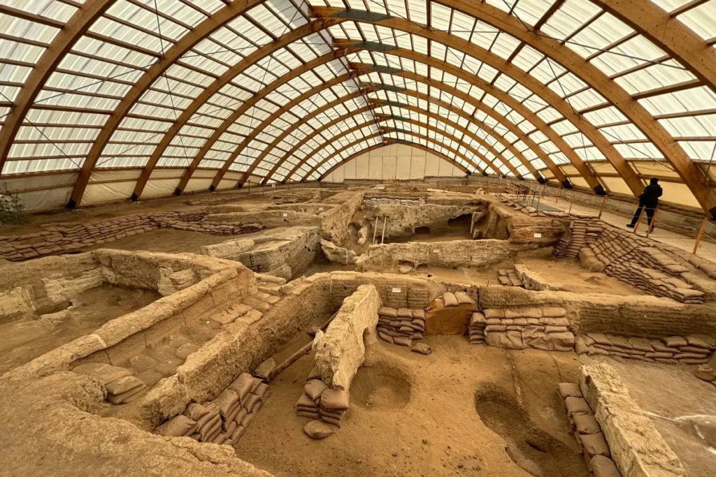 CatalHoyuk 5 Aerial perspective of exposed mud-brick walls and archaeological digs beneath a protective white canopy roof.