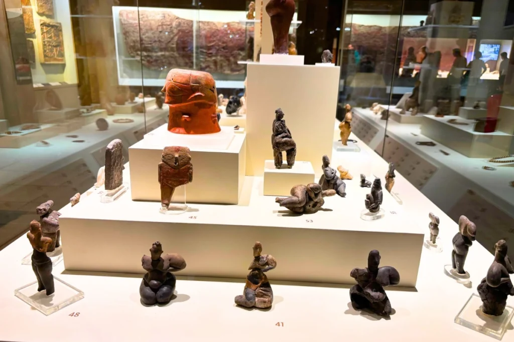 HACILAR IDOLS Elevated view of a museum case containing various ancient terracotta female figurines and statues displayed on tiered pedestals.