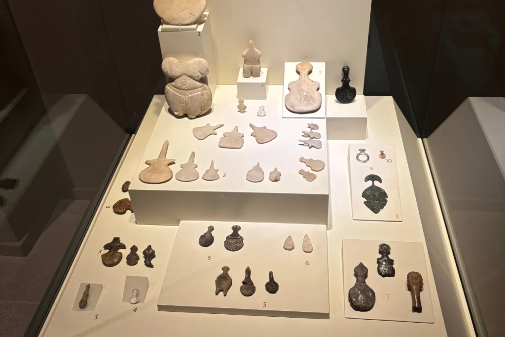 Idol 2 Glass museum showcase filled with multiple small prehistoric violin-shaped and disc-shaped stone idols arranged on white stands.