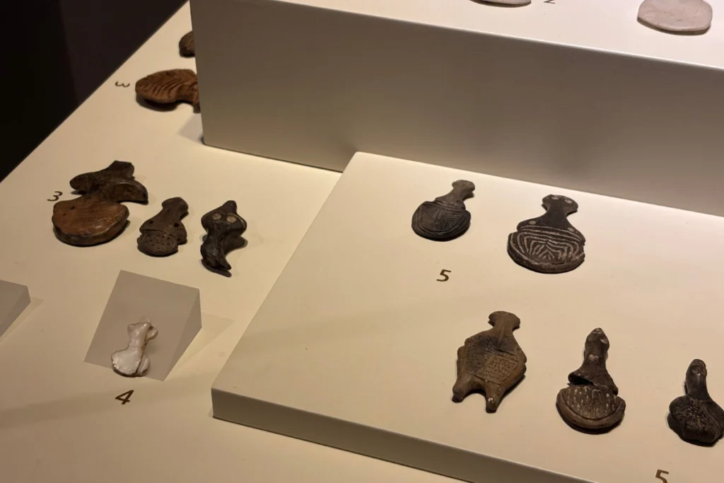 Idol 3 A collection of small dark metallic, stone, and terracotta idols displayed on a white museum exhibit platform.
