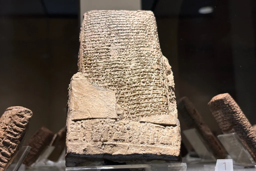 Kultepe Tablet 1 Ancient cuneiform tablet and its clay envelope case displayed inside a museum showcase.