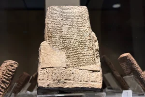 Close-up view of an ancient cuneiform clay tablet inscribed with cuneiform script, displayed behind glass in a museum.