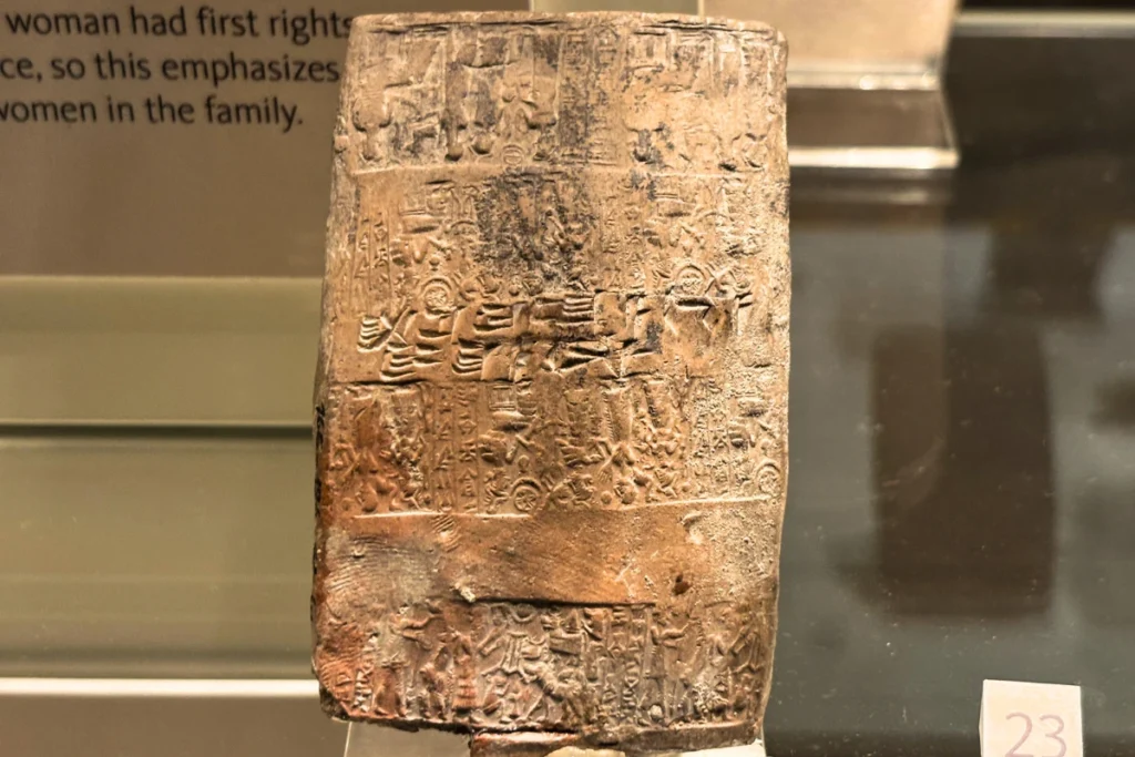 Kultepe Tablet 4 Rectangular ancient clay tablet engraved with cuneiform writing detailing a will and testament.